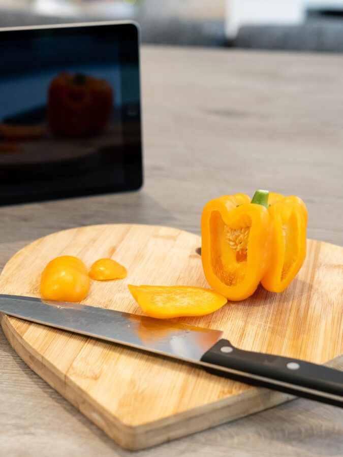 Chopped pepper on a board